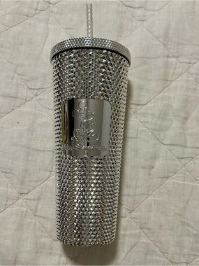 Walt Disney World Starbucks Metallic Silver Studded Cold Beverage Tumbler 24oz.